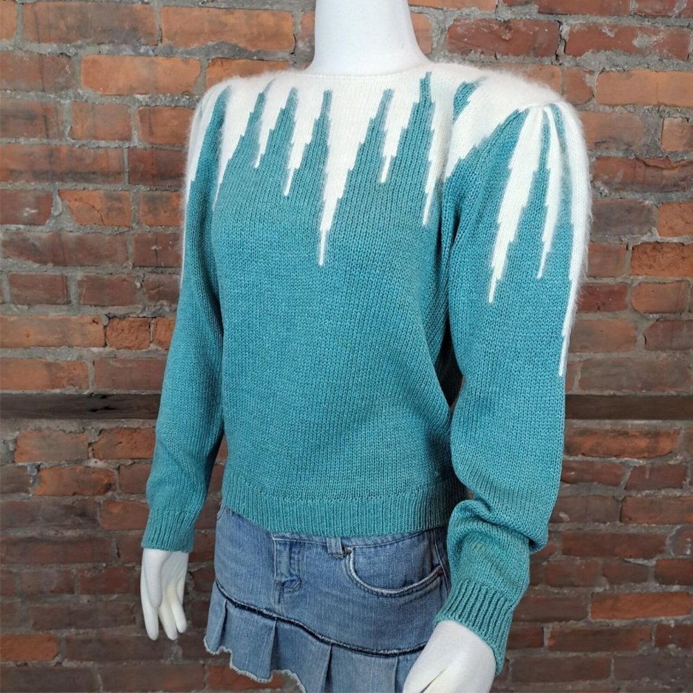 SOLDVintage Womens sweater Agua White 1980s Geometric Design Angora Blend Size L
